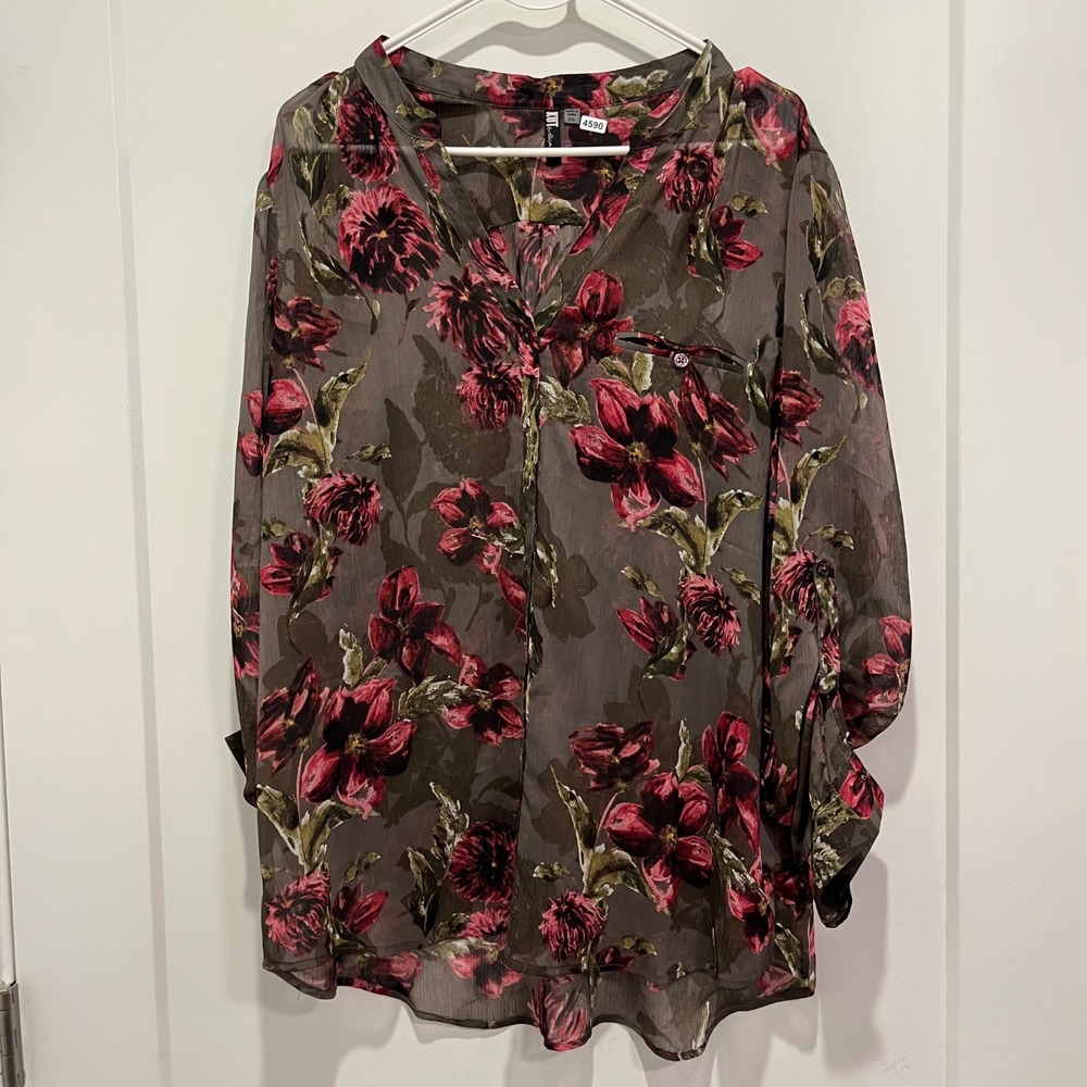 KUT from the Kloth Floral Sheer V-Neck Roll Tab Blouse XXL Dark Pink Blouse